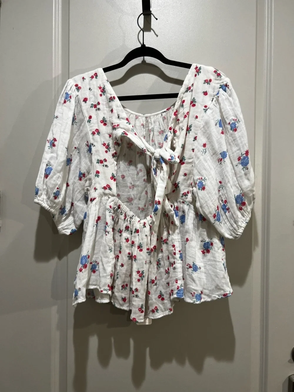 Free People Chloe Floral Tie Back Peplum Top L White OB1960043 NWT